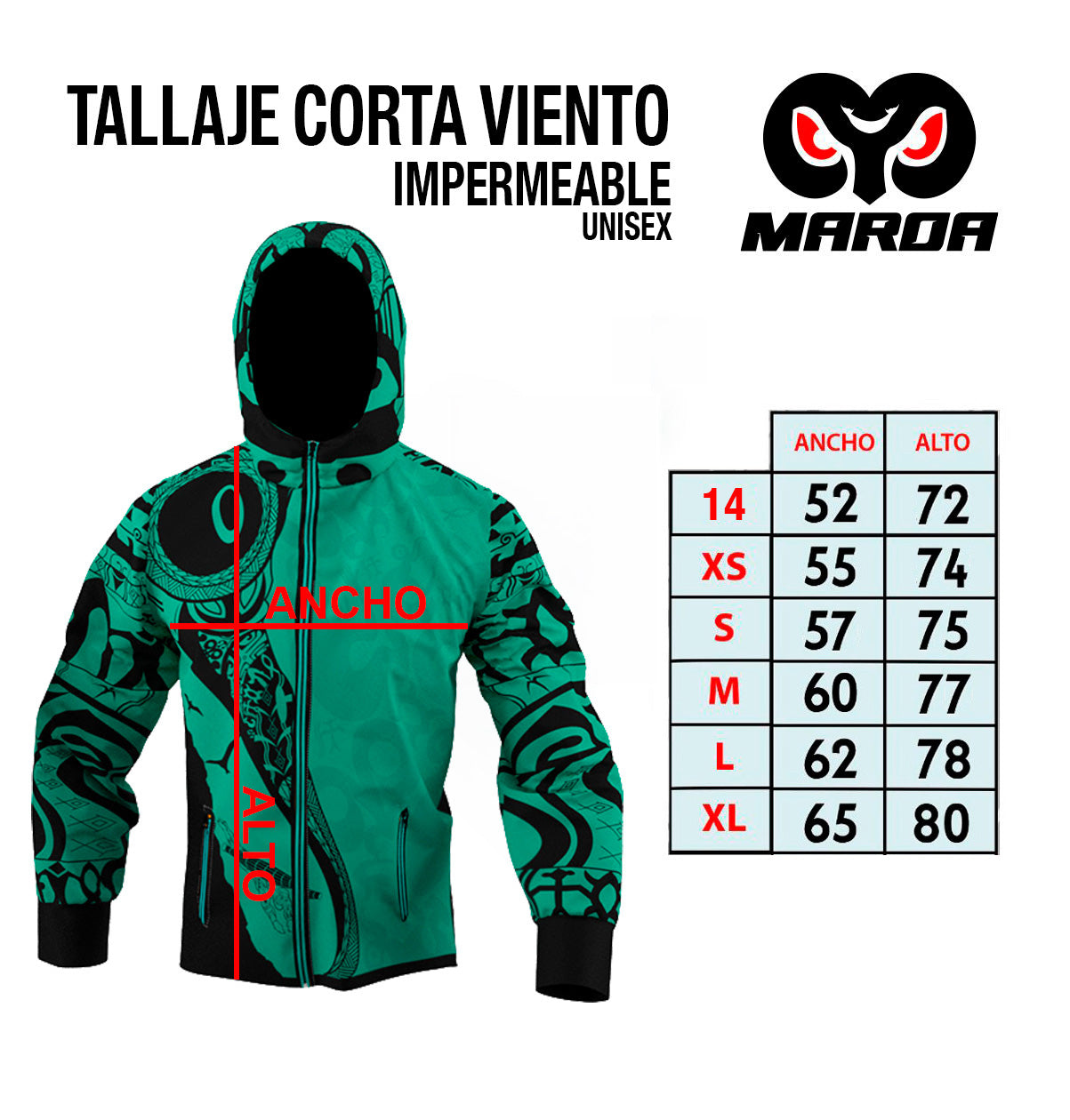 Guia de Tallas - Corta Viento Impermeable Taoraha - Ballena (D)